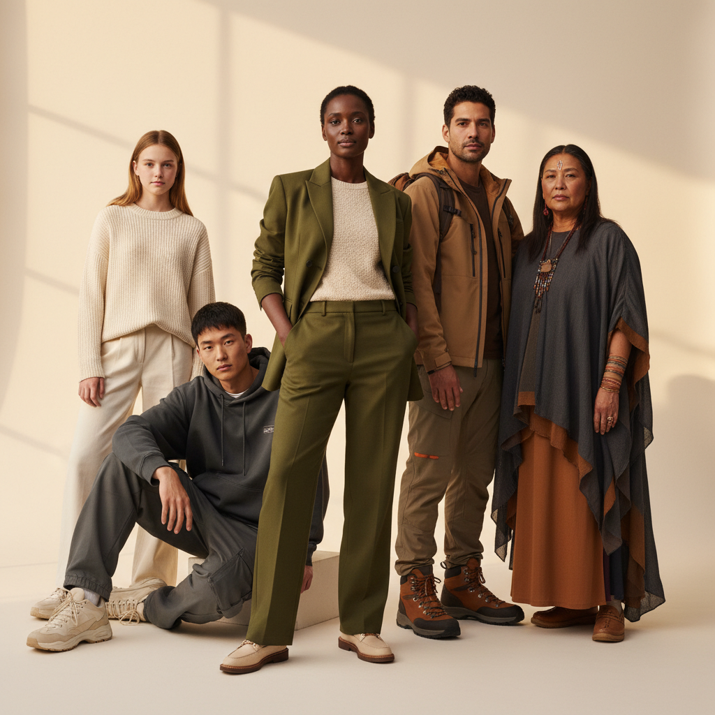 Five diverse people of different ages, races, and clothing styles in earthy tones
