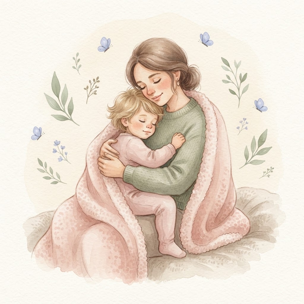 Parent and child embracing in a soft blanket