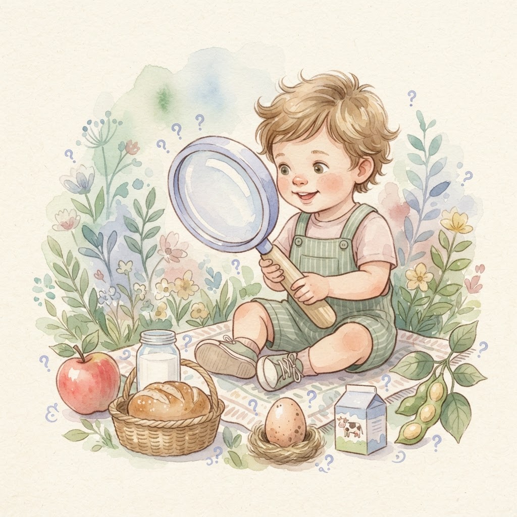 Child with a magnifying glass among watercolor foods