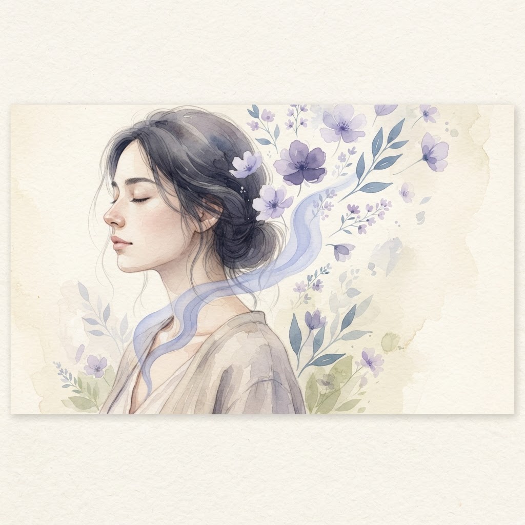Serene woman with a gentle ribbon of mist rising softly
