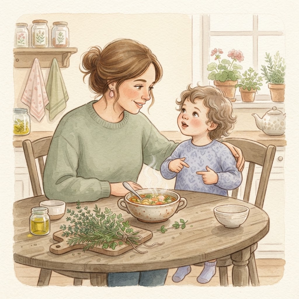 Parent listening to a child at the kitchen table