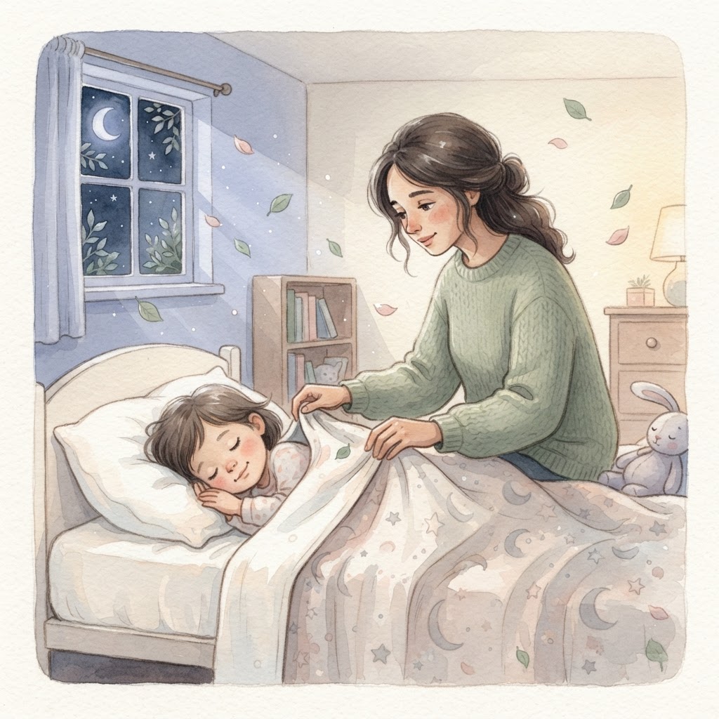 Parent tucking in a sleeping child at night