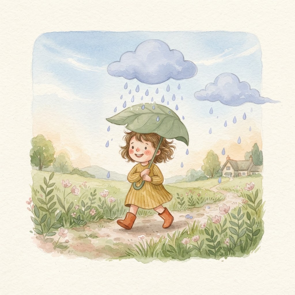 Two rain clouds passing over a child with a leaf umbrella
