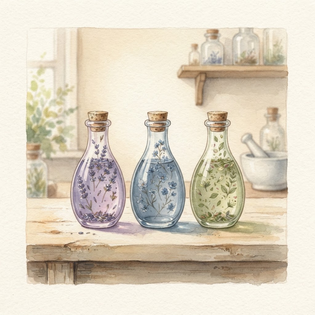 Three glass vials with different botanical infusions