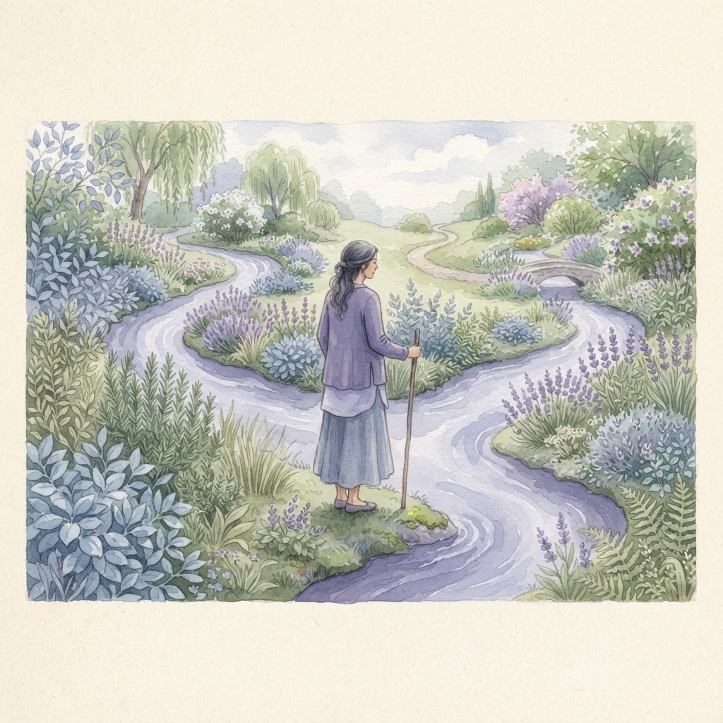 Botanical garden path with question-mark shaped shrubs