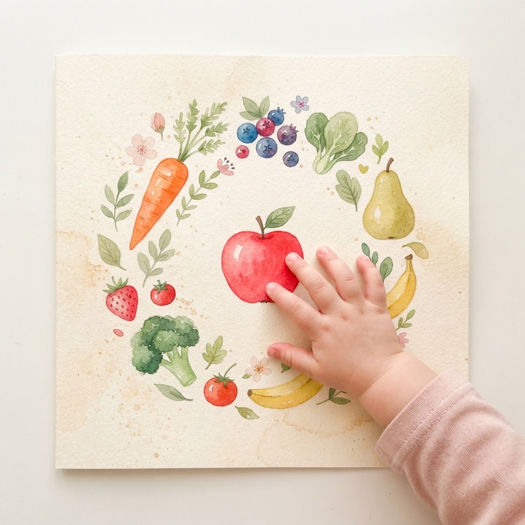 Colorful fruits and vegetables on cream paper