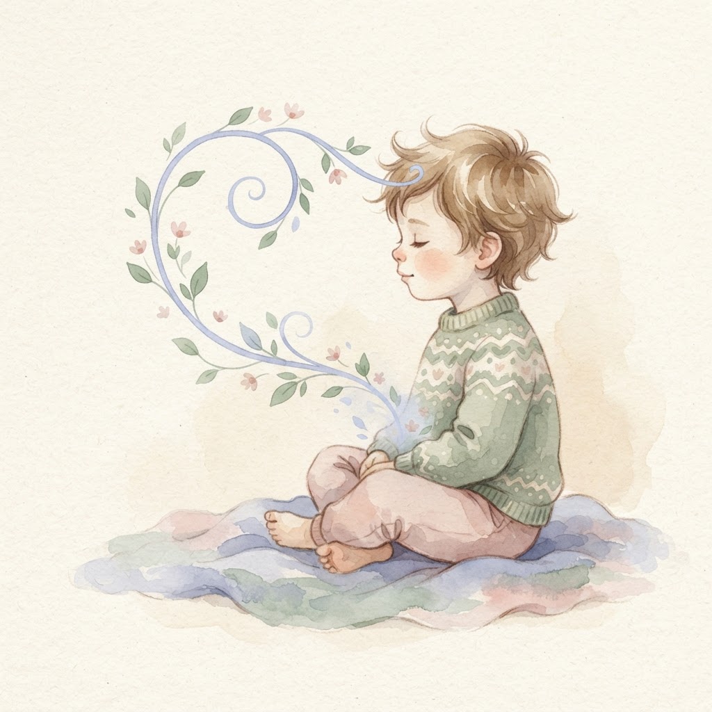 Child with gentle swirls connecting head and tummy