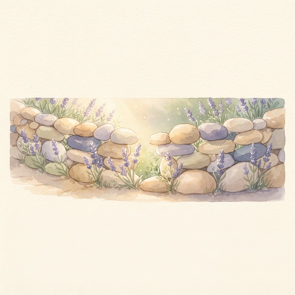 Garden wall with lavender sprigs peeking through the gaps