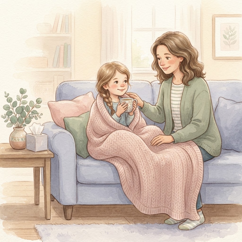 Cozy child wrapped in a blanket, cared for by a parent