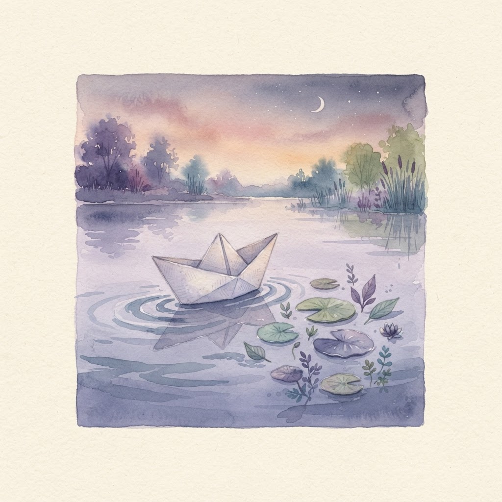 Paper boat drifting on a calm lavender pond