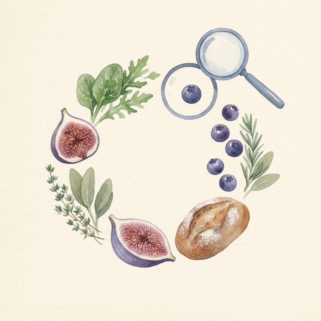 Botanical foods in a circle with a magnifying glass