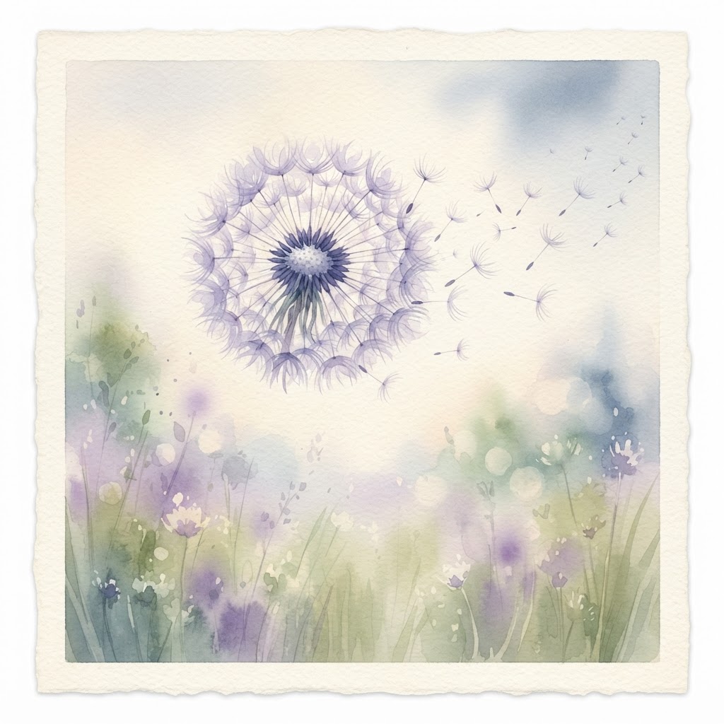 Soft dandelion seed head floating above a meadow