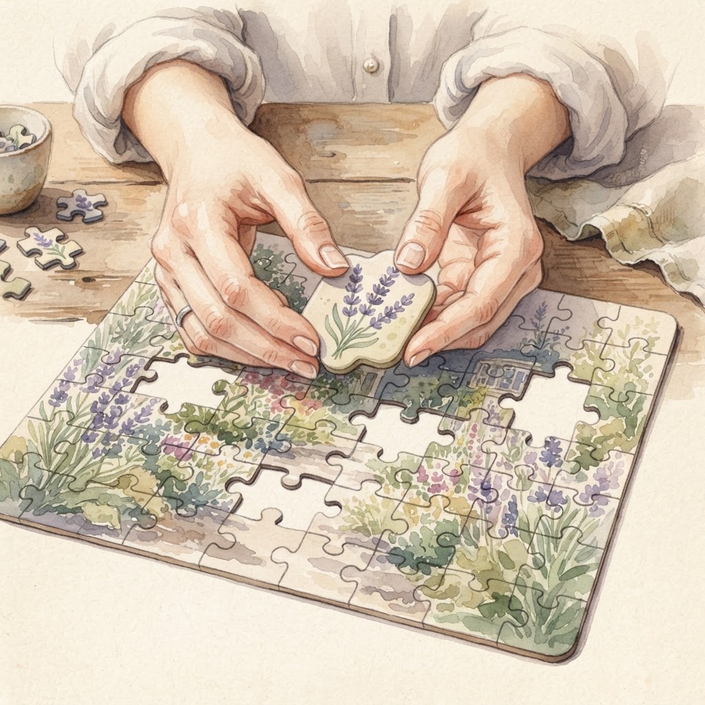 Hands holding a single botanical puzzle piece toward a larger picture