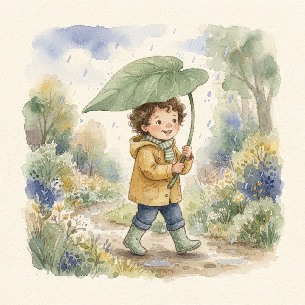 Child under a leaf umbrella in gentle rain
