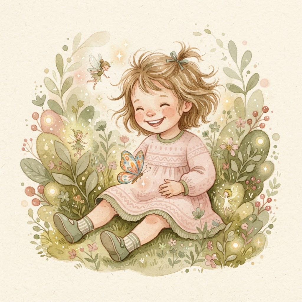 Cheerful child with a butterfly and garden sprites