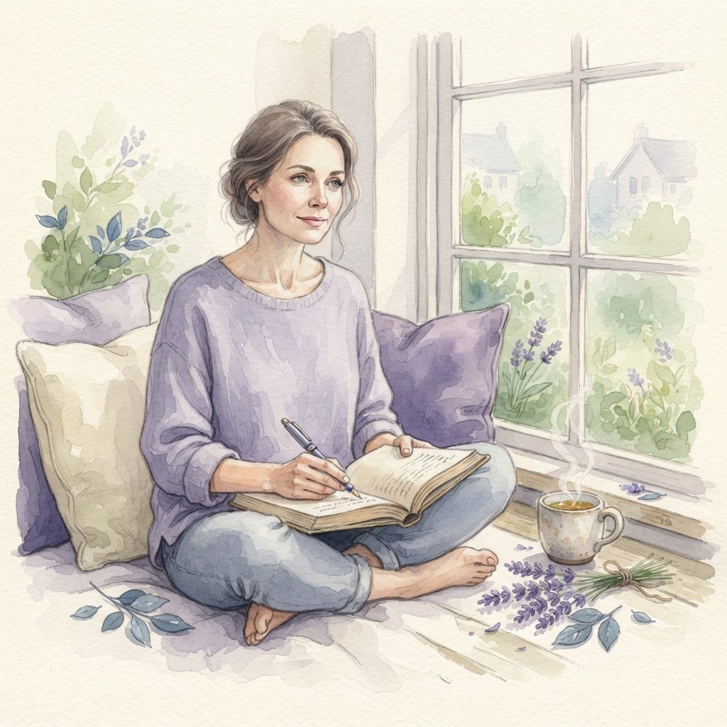 Woman journaling by a window with herbal tea