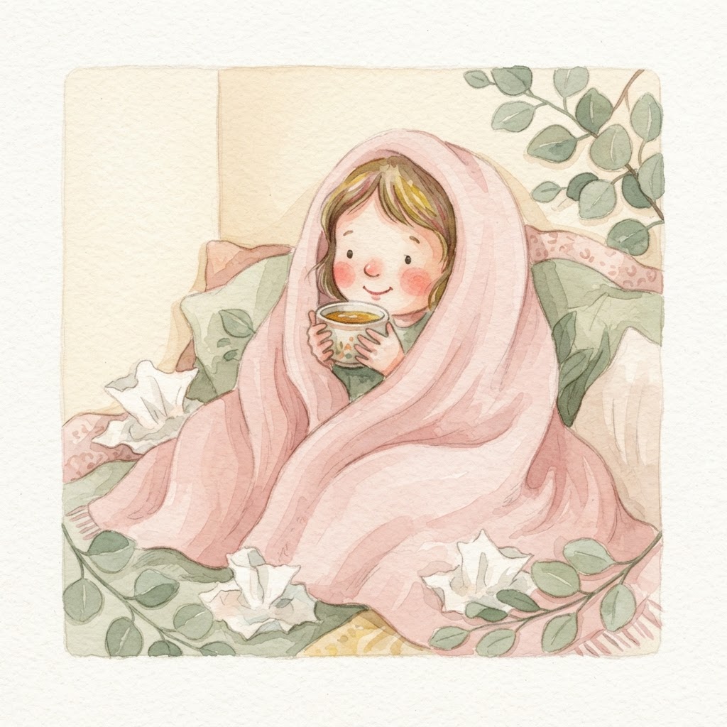 Cozy child wrapped in a blanket with herbal tea