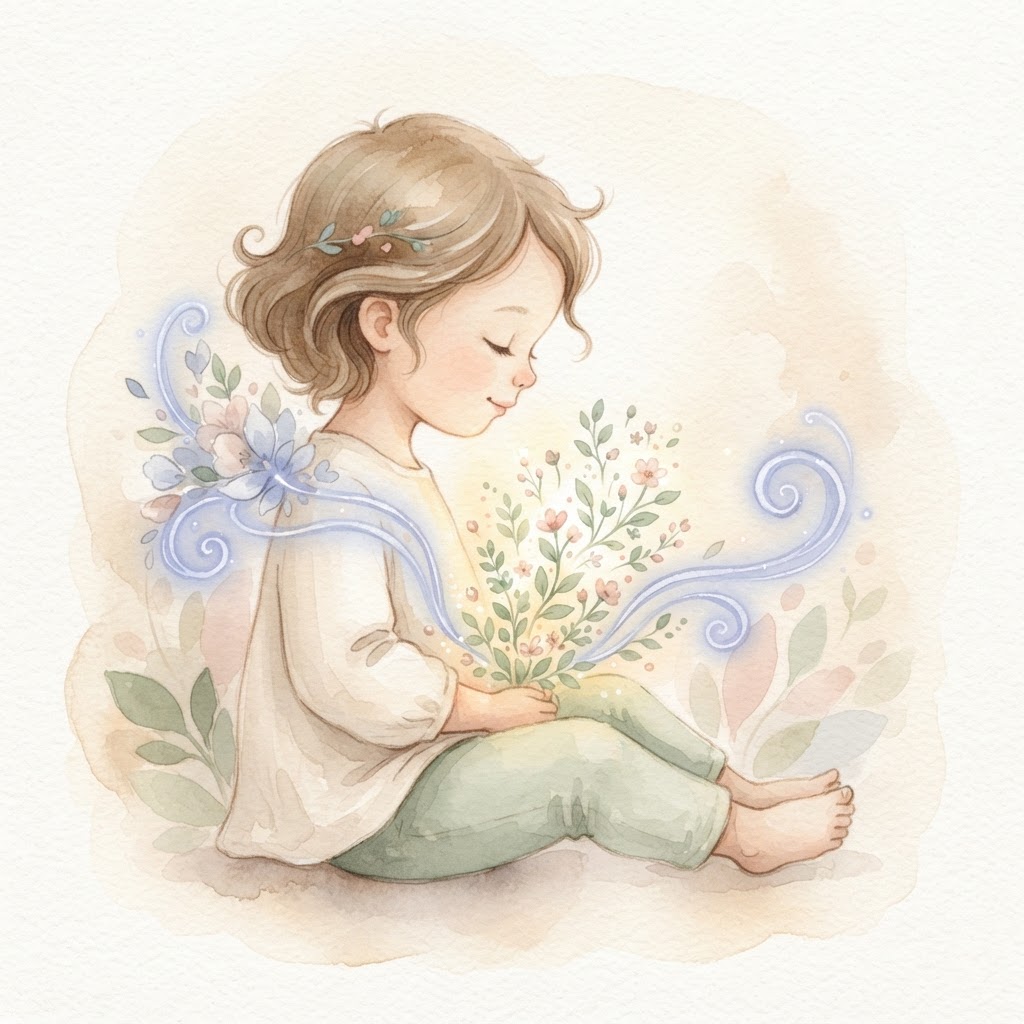A child with a gentle garden growing from their tummy