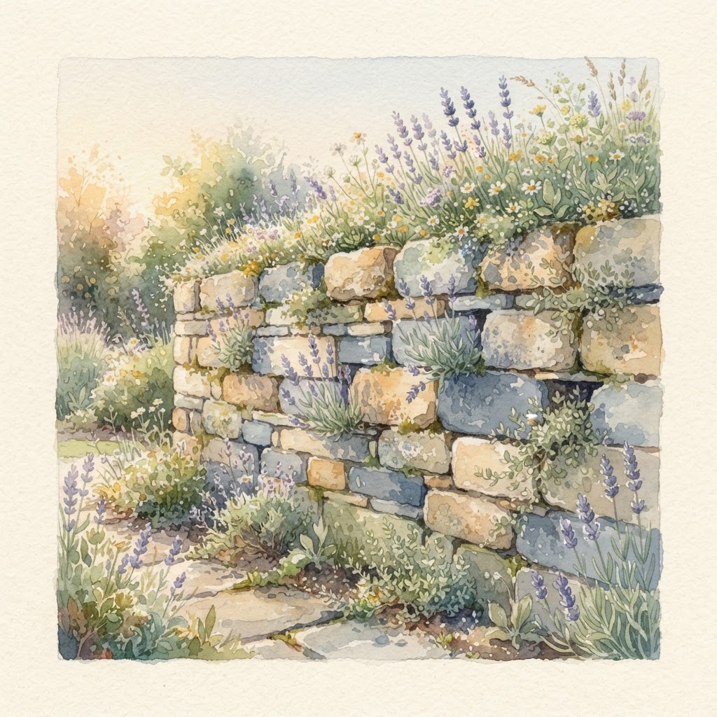 Stone garden wall with lavender sprigs peeking through gaps