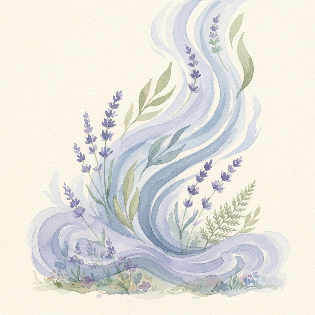 Gentle waves swirling upward past botanical leaves