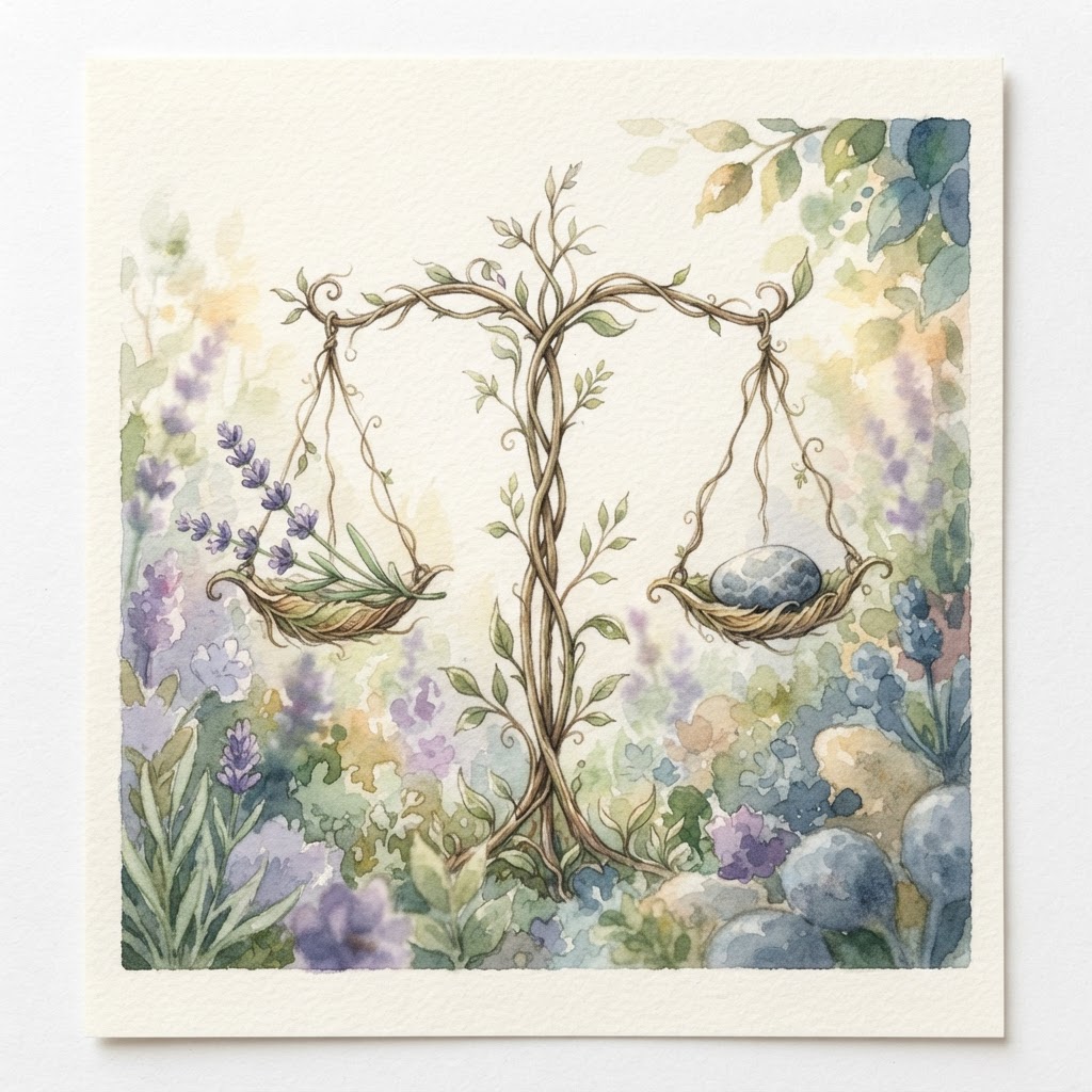 Botanical balance scale weighing a lavender sprig against a stone