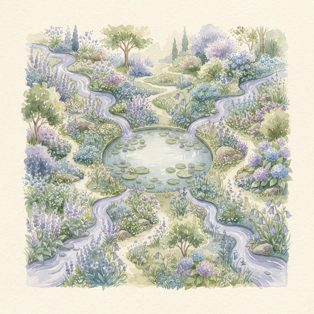 Winding streams converging into one calm pool