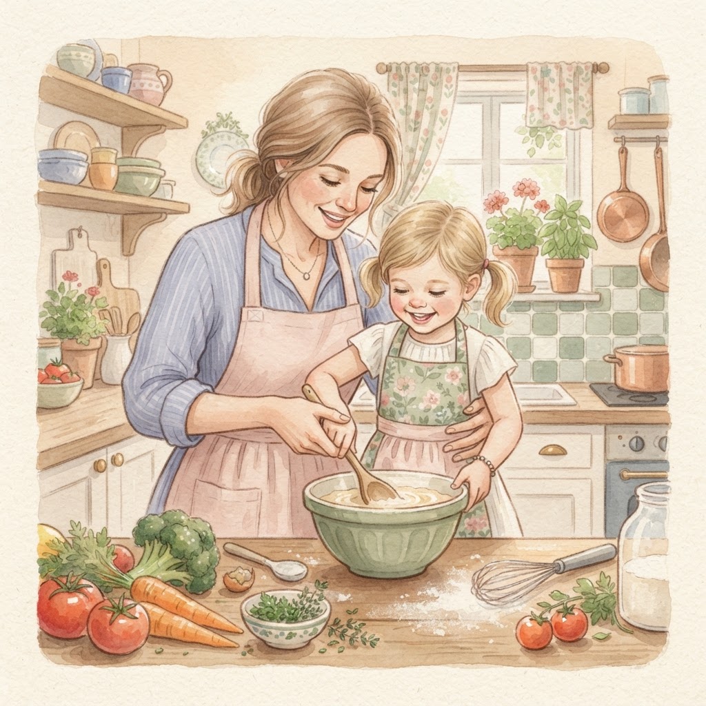 Parent and child cooking together