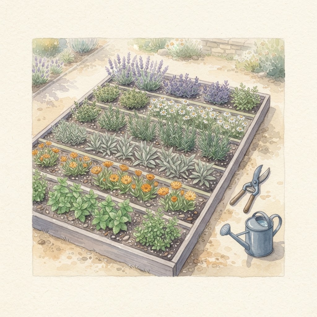 Neatly organized botanical garden bed in separate rows