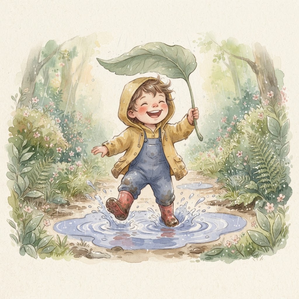 Child joyfully splashing in rain with a leaf umbrella