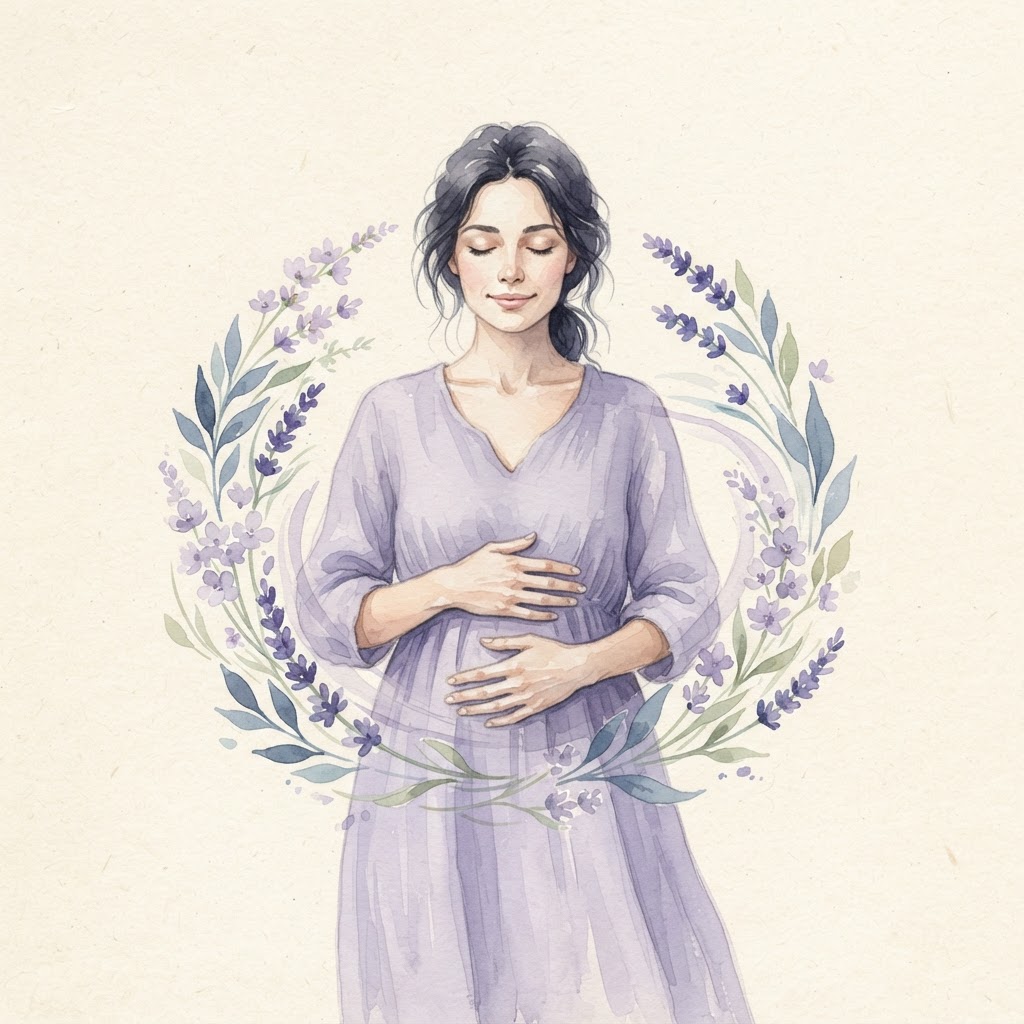 Serene woman with hands resting over her midsection