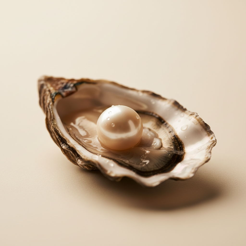 An open oyster shell revealing a luminous pearl