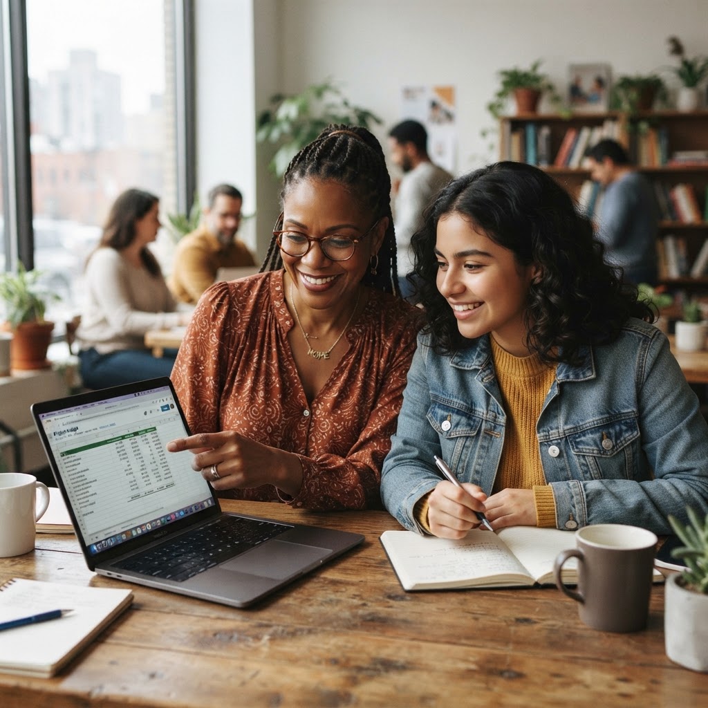 Mentor guiding a young woman through a laptop lesson at a cafe table
