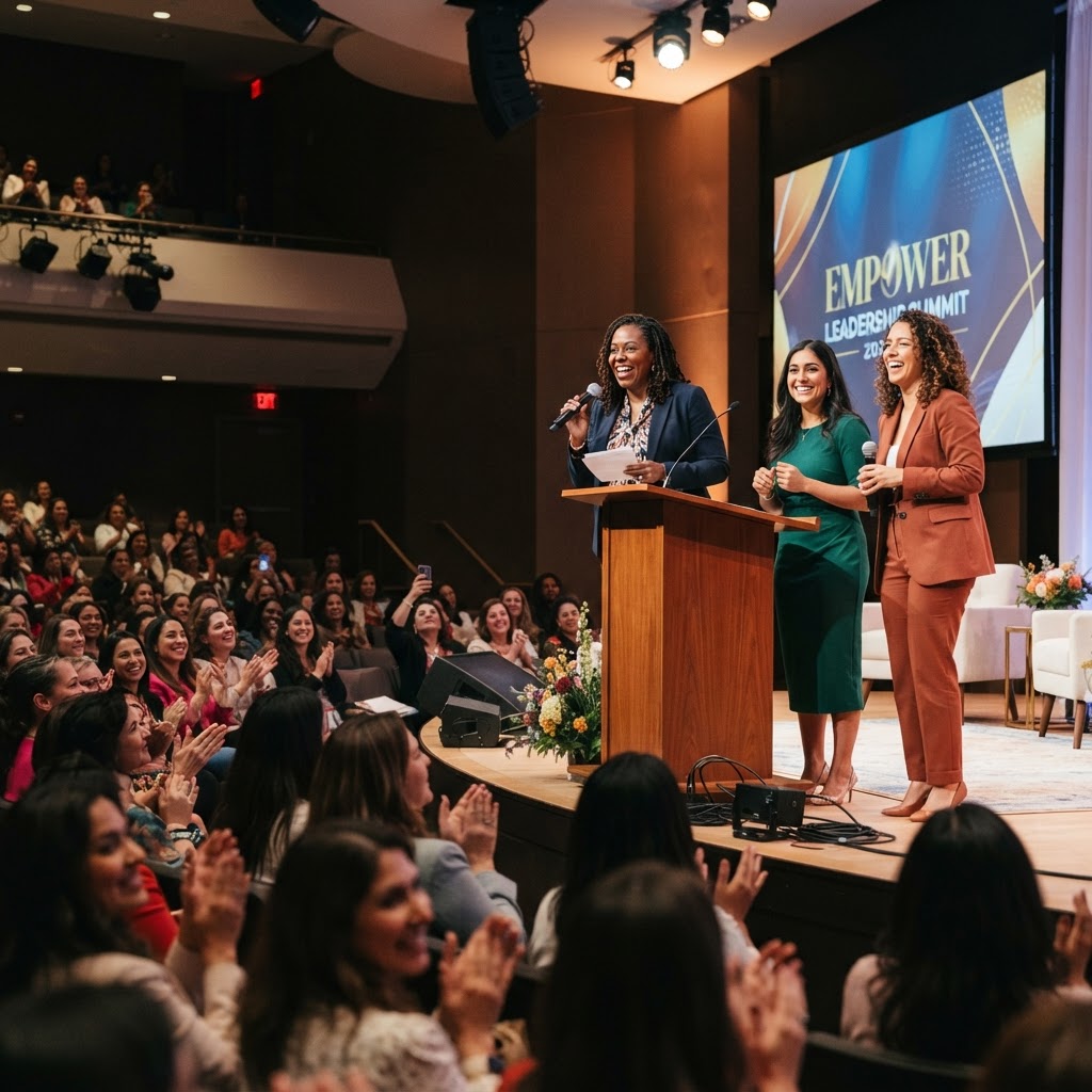 African American women speaking at a leadership conference