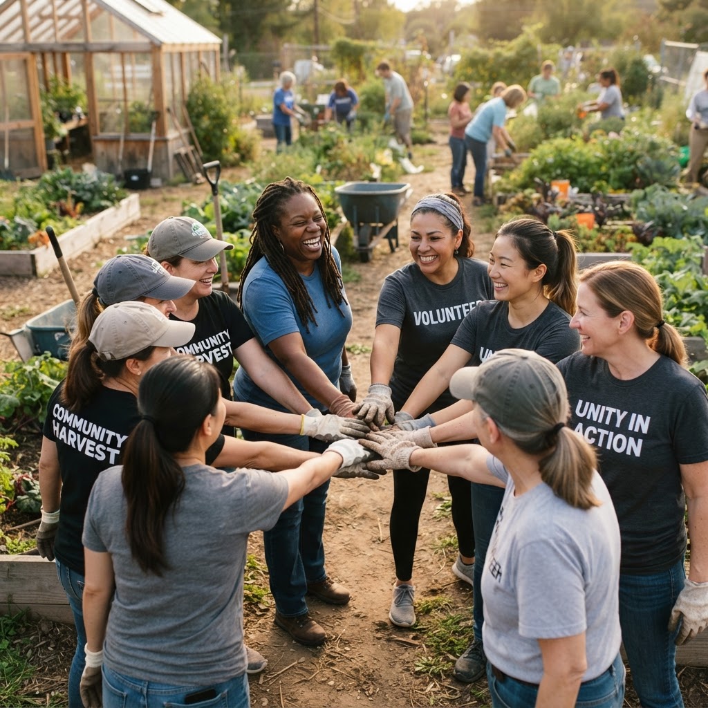 Diverse women volunteers with hands joined in unity