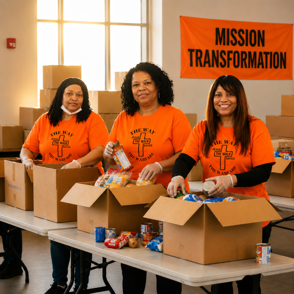 Women volunteers in orange T-shirts packing food boxes for a mission outreach