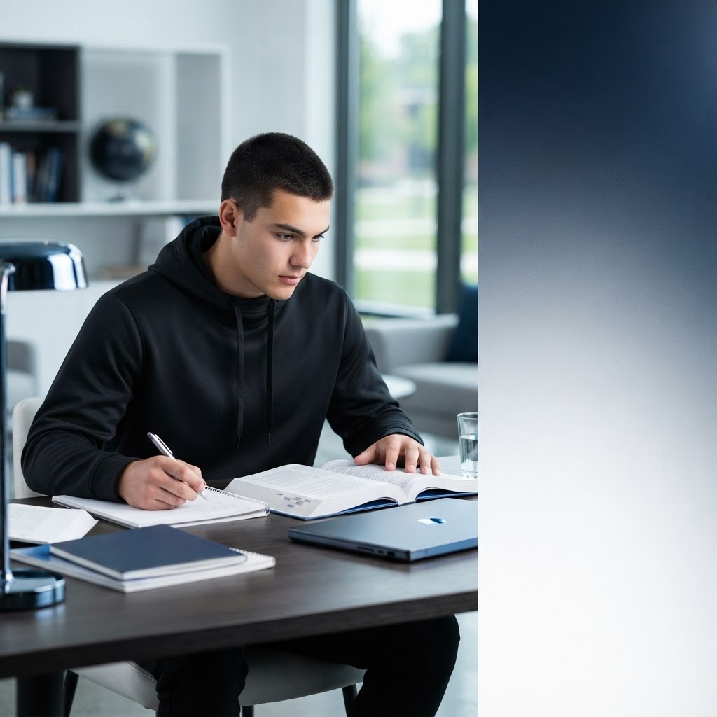 A young man wearing a black hoodie sitting at a desk and studying from a textbook.