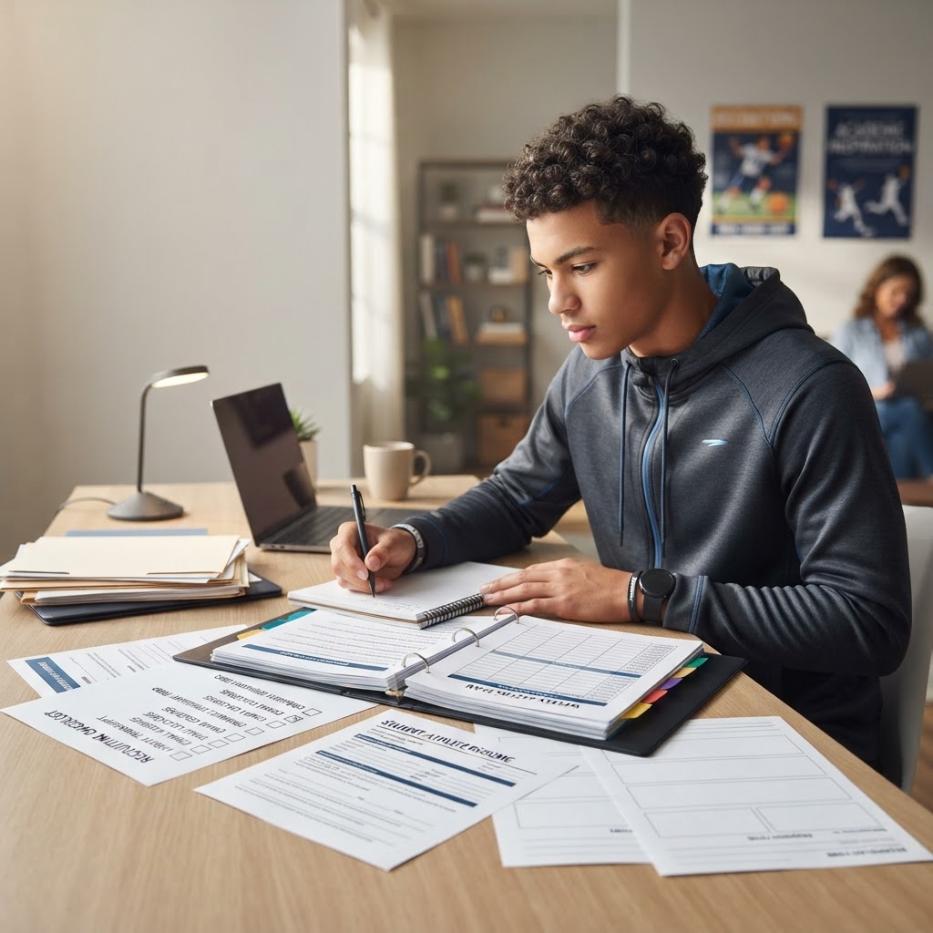 A student athlete sits at a desk studying and filling out paperwork, including a recruiting checklist and student athlete resume, in a bright home office setting.