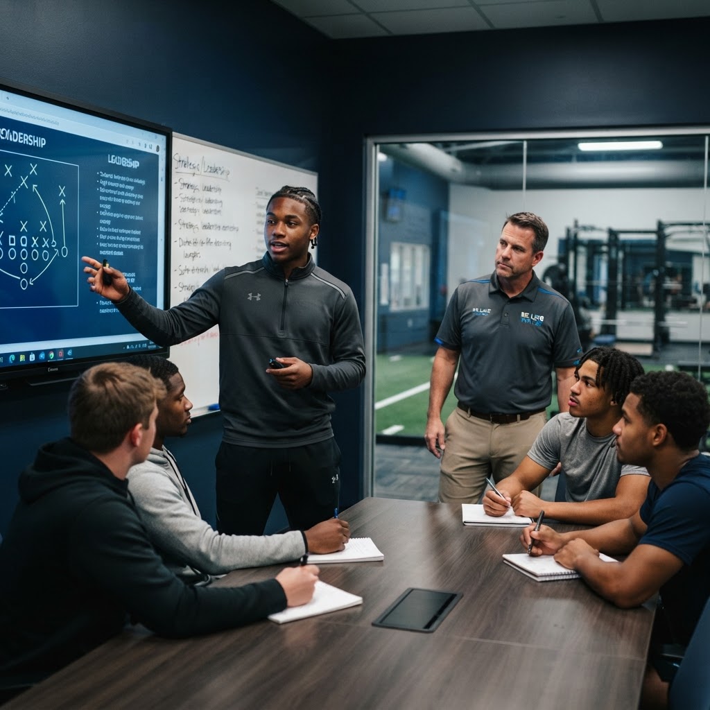 A presenter standing before a digital screen displaying football plays leads a meeting with four young men around a conference table in an athletic facility.