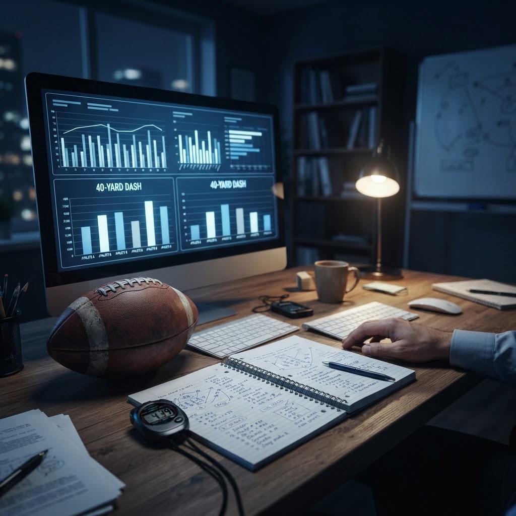 Recruiting evaluation workspace with performance analytics, a stopwatch, notes, and a football