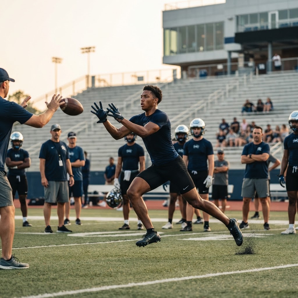 An athlete catching a football during a training session on a field with coaches and players in the background.