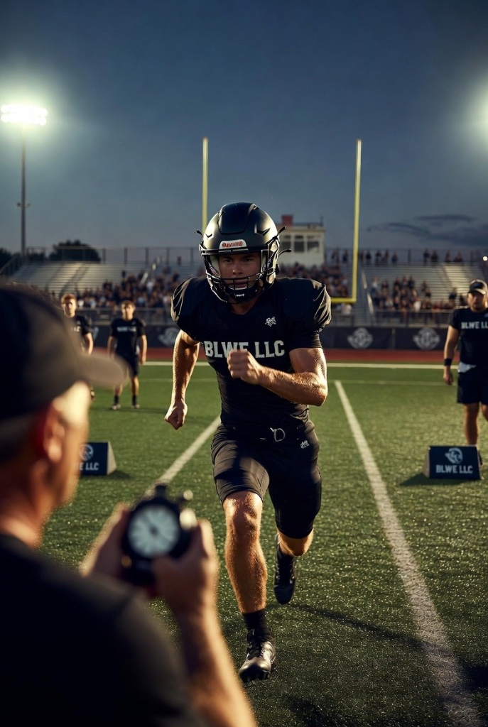 Football athlete completing a timed sprint during a BLWE performance session