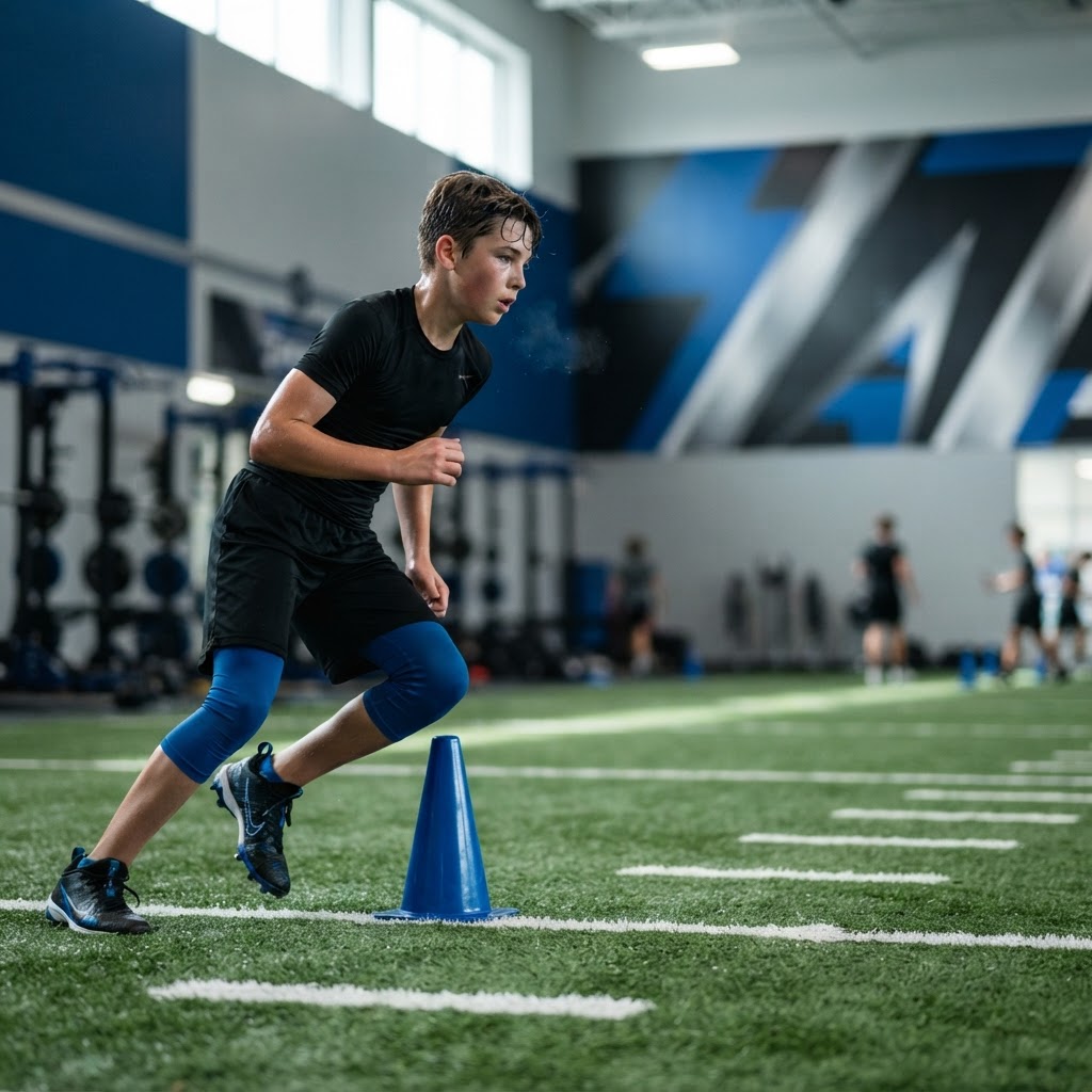 An athlete training on an indoor turf field, stepping over a blue training cone.