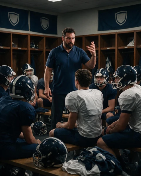 Coach addressing seated players in a locker room before practice