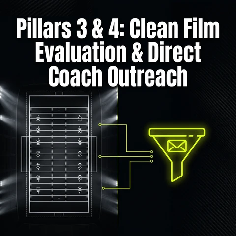 Pillars 3 and 4 graphic — film evaluation and direct coach outreach funnel