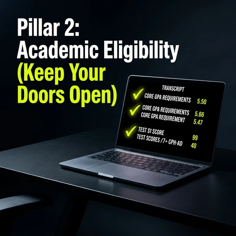 Pillar 2 graphic — academic eligibility transcript checklist on a laptop
