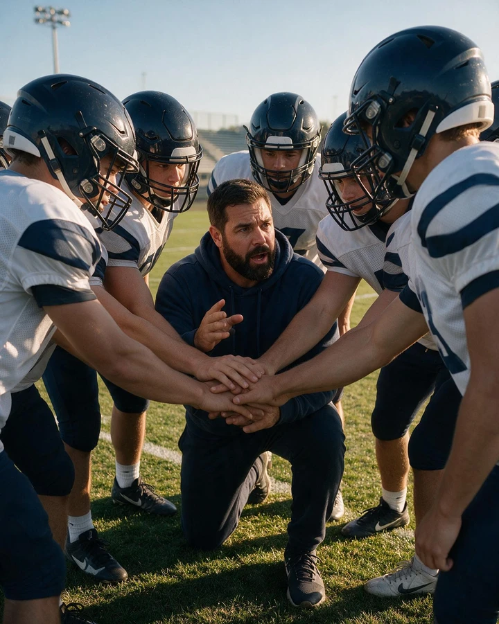 Coach kneeling in a huddle with helmeted players stacking hands together