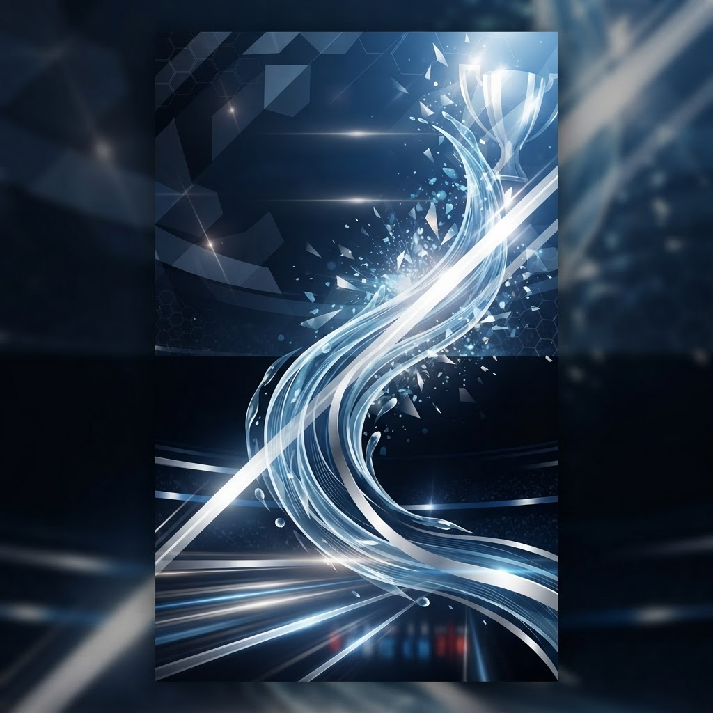 A stylized abstract graphic featuring a flowing wave of water and silver light streaks rising toward a trophy silhouette against a dark stadium background.