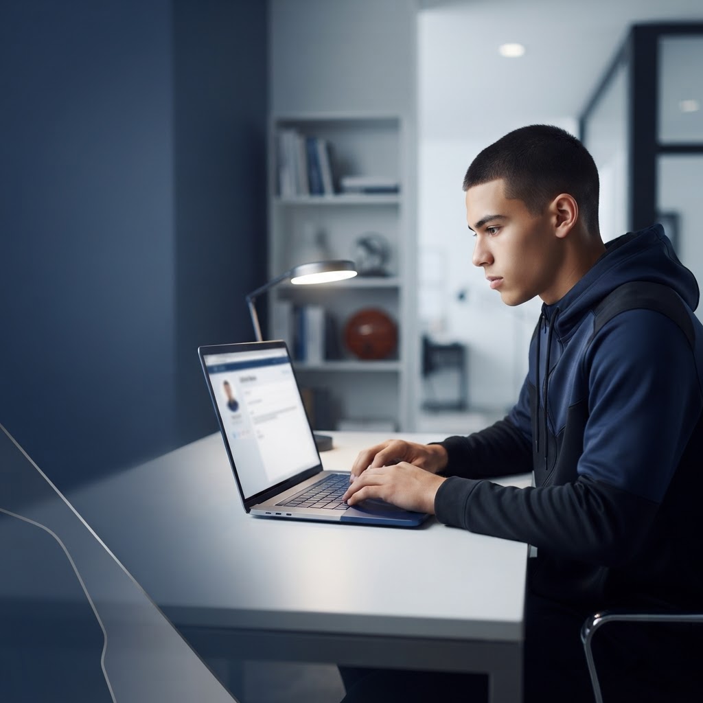 A young man in a blue and black hoodie sitting at a desk and working on a laptop in a modern office space.