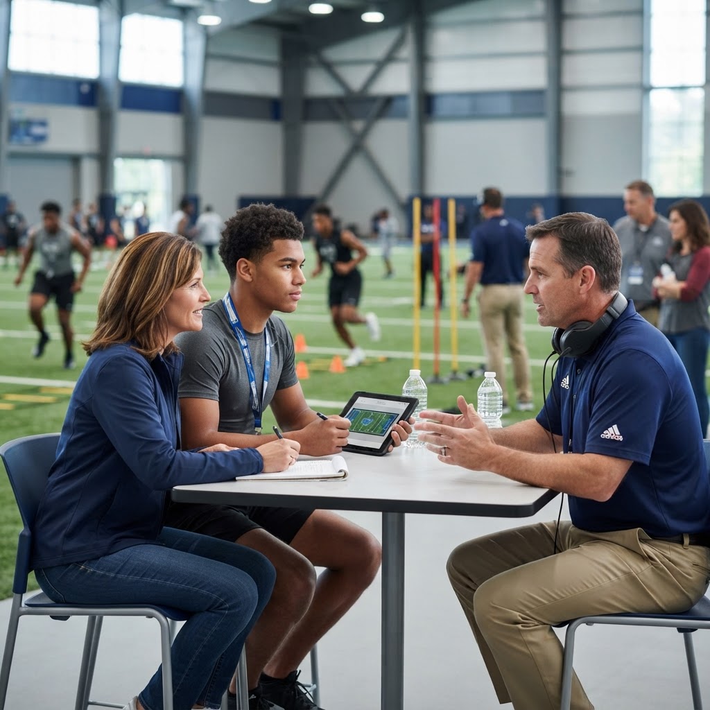 A coach and a woman sitting at a table with an athlete at an indoor football training facility, reviewing play diagrams on a tablet.