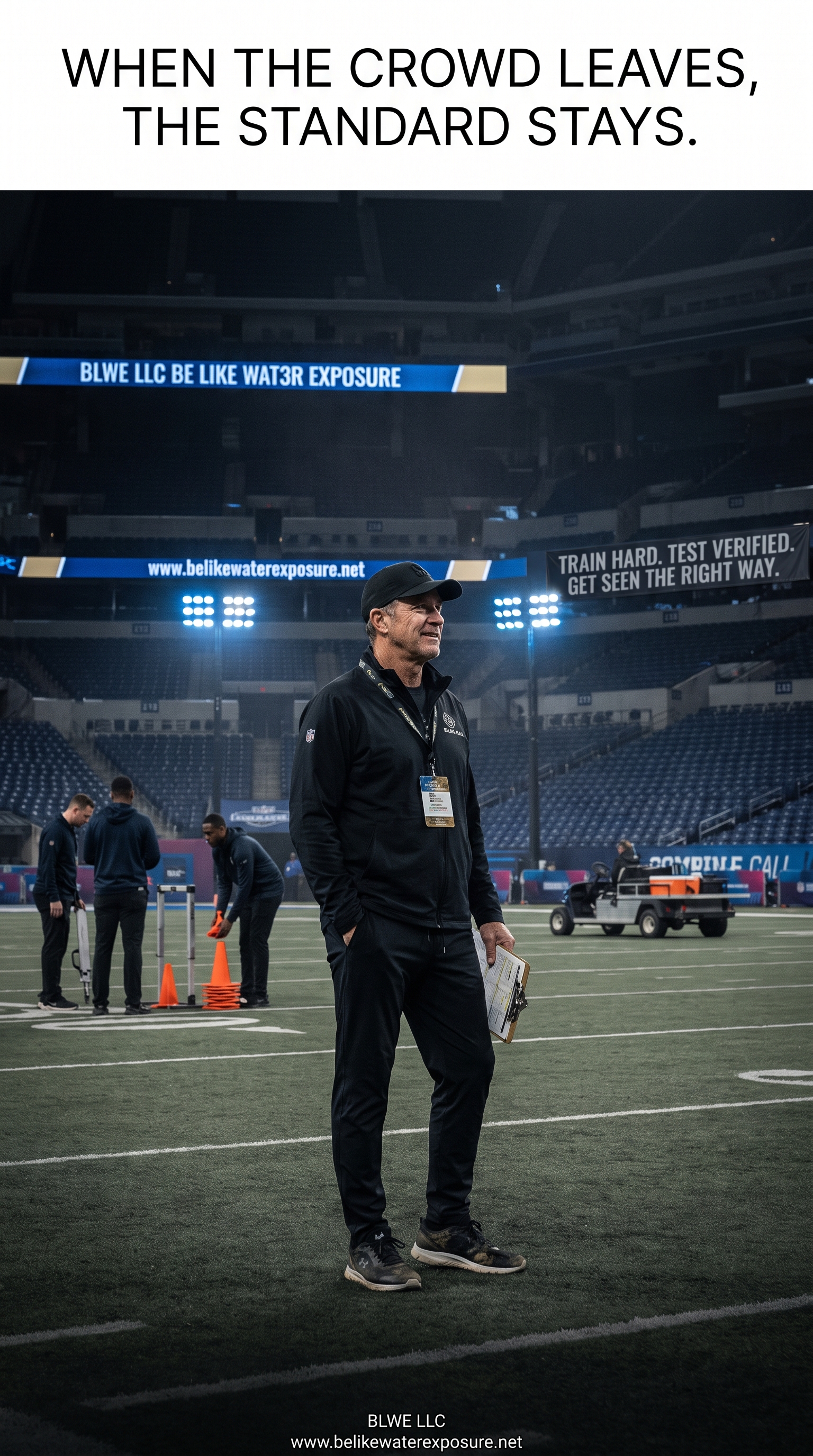 Football coach standing on a stadium field after event preparation